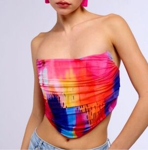 New Akira Watercolor Ruched & Pleated Stretchy Rear Zip Corset Top Sz Medium